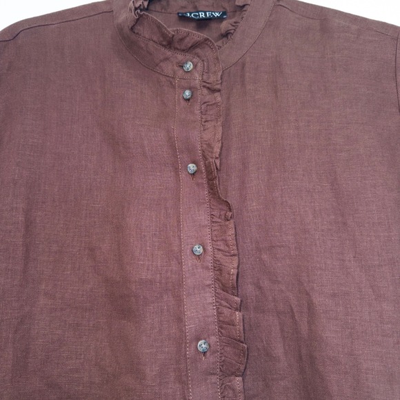 New J. Crew Roasted Cocoa Brown Linen Ruffle Trim Button-Up Shirt Size Large - Picture 4 of 7